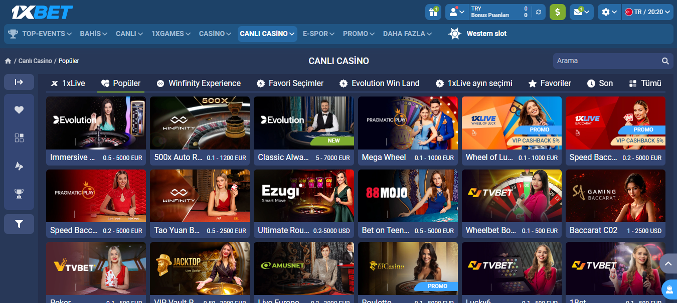 1xBet canlı casino bölümünü gösteren görsel; rulet, blackjack ve diğer canlı krupiyeli oyunların bulunduğu lobi ekranı