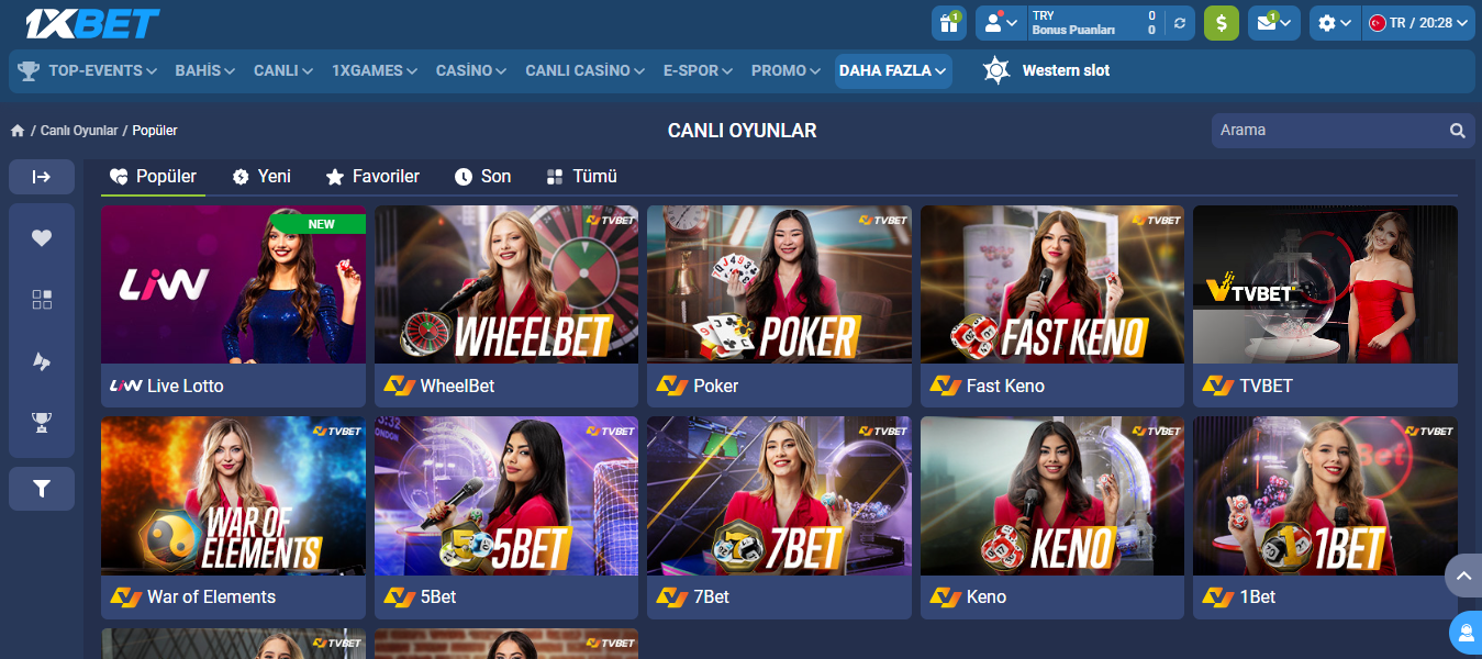 1xBet TV oyunları kataloğunu gösteren görsel