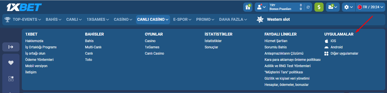 1xBet canlı casino bölümü ve mobil uygulama indirme bağlantılarını gösteren görsel
