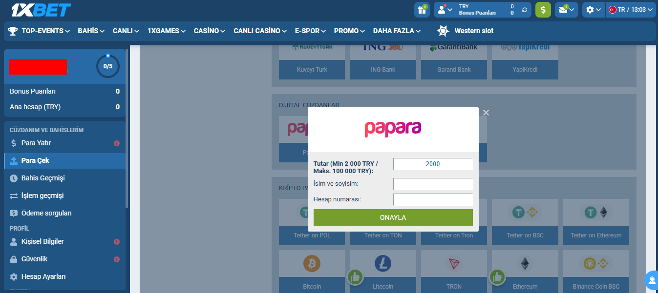 Papara üzerinden 1xBet para çekme talebi oluşturma adımları ve işlem ekranı