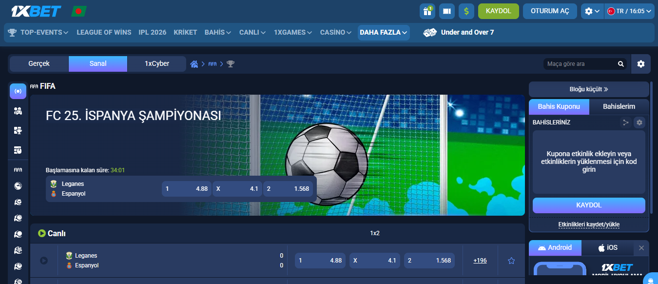 1xBet web sitesinde sanal FIFA (e-sport) bahis oranları ve güncel maç programını gösteren kullanıcı arayüzü