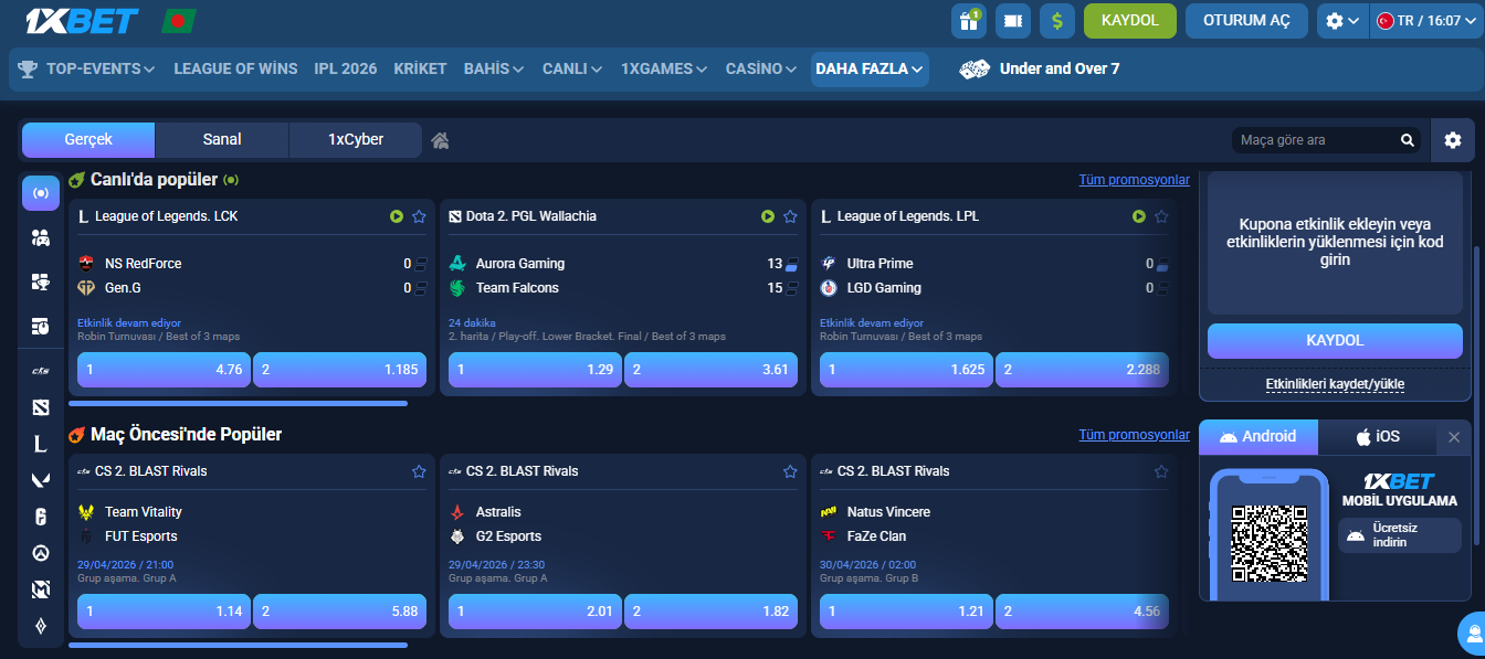 1xBet web sitesi sanal e-spor canlı bahis bölümü; aktif karşılaşmalar, güncel istatistikler ve interaktif kupon paneli